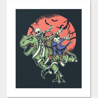 Fun Halloween Dabbing Vampire, Skeleton & Jack-o-Lantern Riding a T-Rex Posters and Art